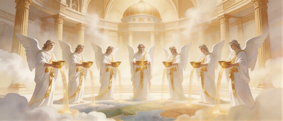 Fototapeta premium Seven angels in white robes pouring golden bowls over the earth in heaven. Biblical apocalypse scene representing the bowls of wrath from the Book of Revelation. Banner with copy space