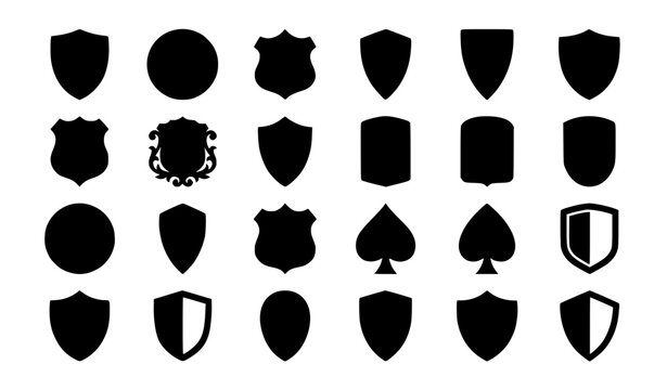Shield silhouette vector bundle with solid black medieval crest shapes and protective stencil frames for crafting