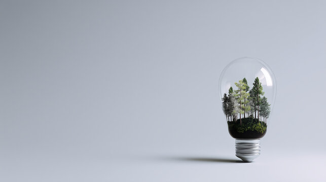 A creative concept featuring a miniature forest ecosystem growing inside a light bulb, symbolizing sustainable energy, nature conservation, and green technology innovation.