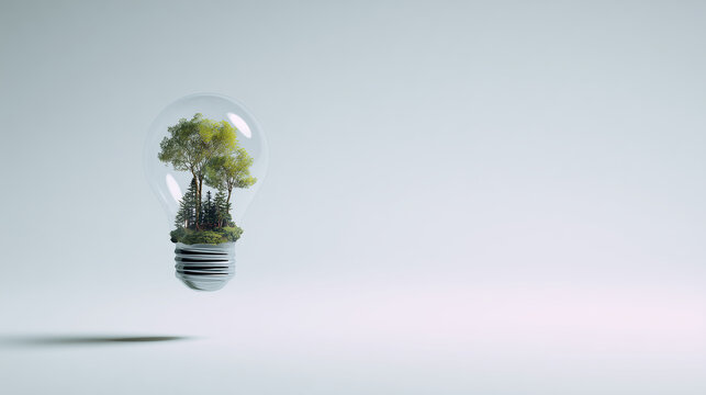 A conceptual image of a miniature forest ecosystem trapped inside a light bulb against a minimalist background, representing green technology and sustainable development.