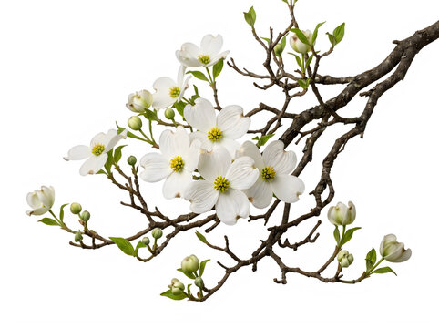 Flowering white dogwood tree branch with green leaves isolated on transparent background for spring decor.