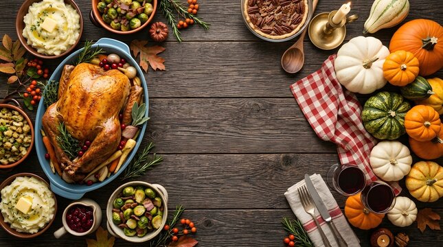 Traditional roasted thanksgiving turkey dinner with various side dishes and decorative pumpkins on a rustic dark wooden table background