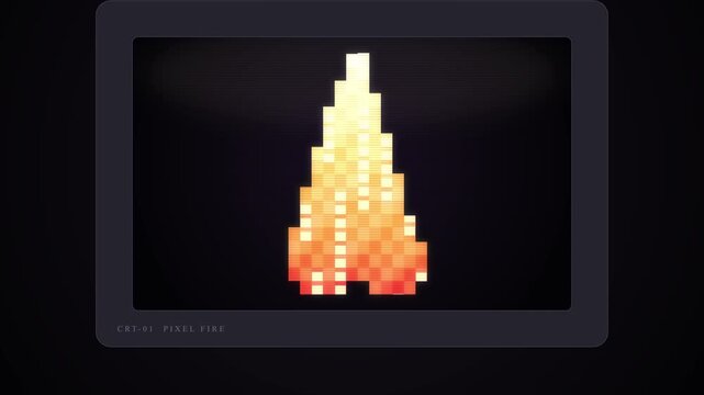 Animated fire glitch icon on old screen display, retro digital disruption, abstract pixel art