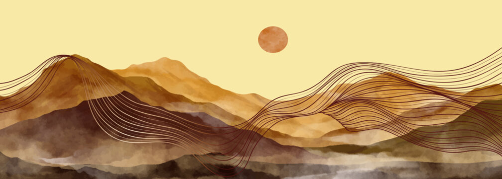 Mountain landscape watercolor painting illustration with line art texture. Abstract contemporary aesthetic backgrounds landscapes. mountains, hills, sun and skyline