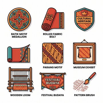 Red and orange batik motif and cultural heritage icon set