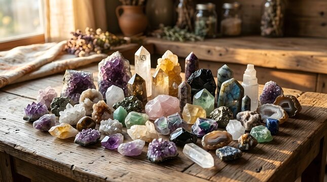 Assorted raw crystals and polished gemstones on rustic wooden table