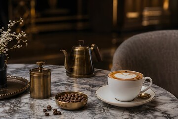 Fototapeta premium Elegant cappuccino with coffee beans and brass accessories on a marble table in a sophisticated café setting