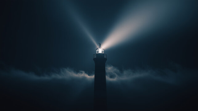 A powerful lighthouse beam piercing through the deep darkness of a cloudy night sky, showcasing the striking contrast between the bright guiding light and the ominous storm clouds.