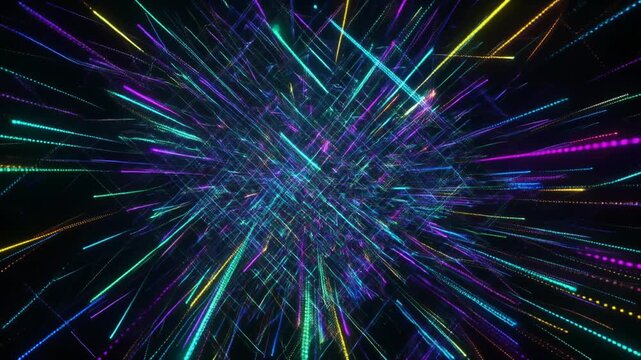 多層に重なる色とりどりの光の粒子が弾ける光景