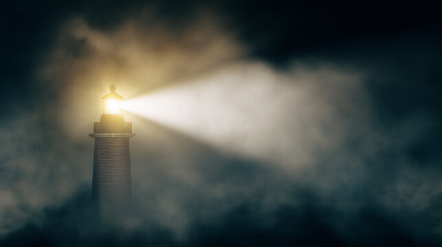 A classic lighthouse glowing brightly in a thick, eerie fog at night, with its focused light beam cutting through the dense darkness, representing clarity, hope, and guidance.