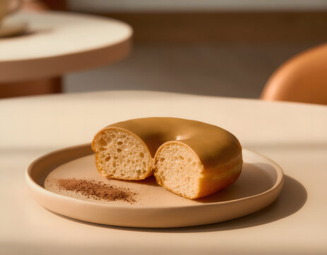 Gourmet Caramel Glazed Donut Halved on Minimalist Plate, Soft Morning Light, Coffee Shop Ambiance, Delicious Pastry for Breakfast or Dessert, Sweet Treat Photography, Bakery Delight