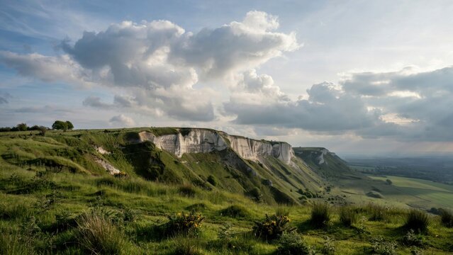 A scenic landscape view of rolling green hills with dramatic white chalk cliffs under a cloudy blue sky during the late afternoon sunlight hours