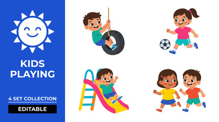Naklejka premium Set of four vibrant 2D vector icons featuring happy children playing and learning activities