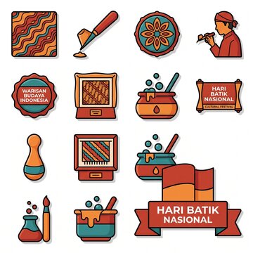 Red and orange batik cultural festival icon set