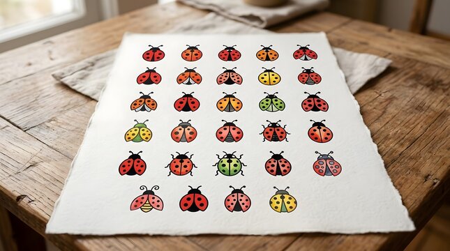 Colorful ladybug icons arranged in a grid on white paper