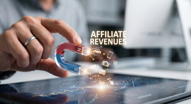 Metaverse Business Models Concepts. Hand holding magnet attracting digital icons of shopping and technology devices symbolizing affiliate revenue generation concept on tablet screen