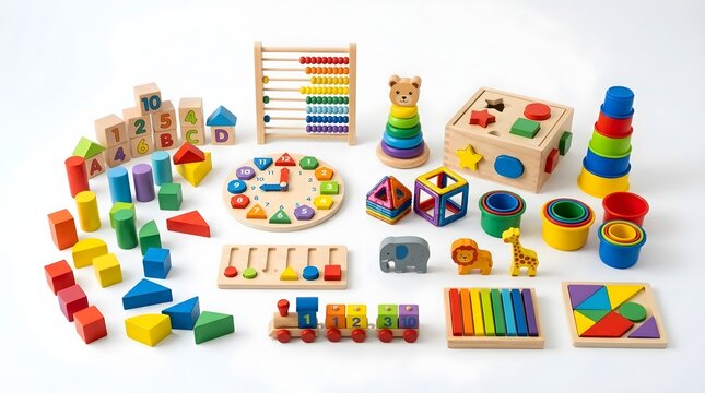 Colorful wooden educational toys and counting blocks arranged on white background