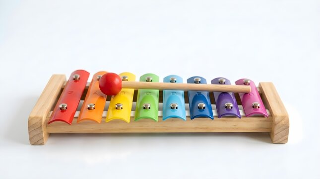 Colorful wooden xylophone with mallet isolated on white background