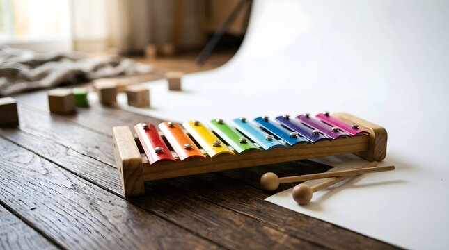 Colorful wooden xylophone with mallets on rustic floor in bright studio