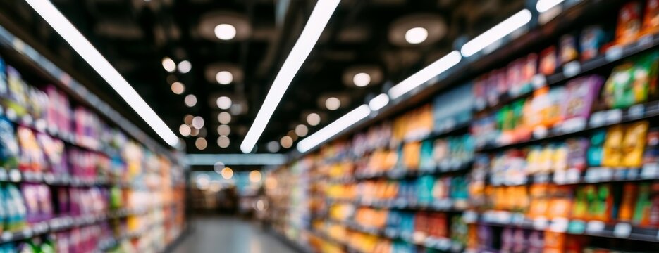 Blurred view of a modern grocery store aisle with colorful shelves  