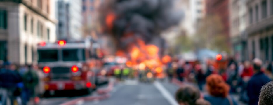 Fire trucks responding to emergency in a busy urban street scene, blurred background   