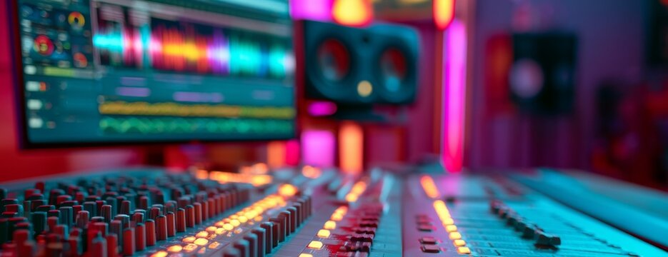 Digital audio workstation setup with colorful lights in music studio  