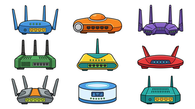 Wireless WiFi routers and modem hardware set.
