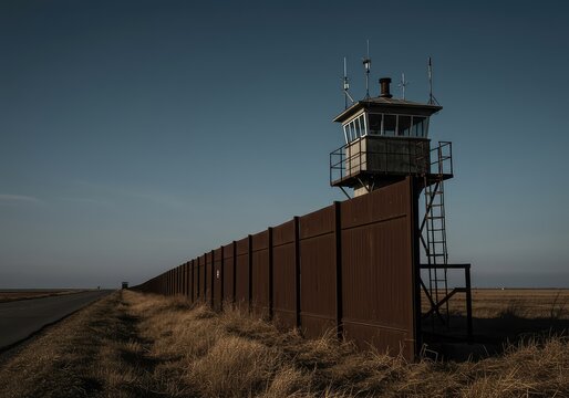 A stark security barrier and reinforced watchtower stand vigilant against the southern horizon, symbolizing defense and strategic direction ,geometric ,south ,defense