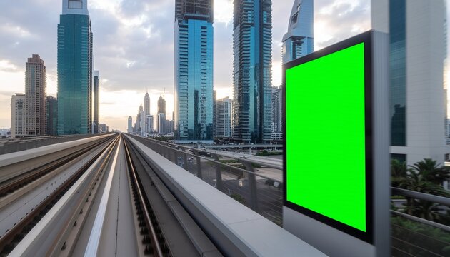 Modern corporate billboard on urban metro rail displaying vibrant green branding against city skyline backdrop
