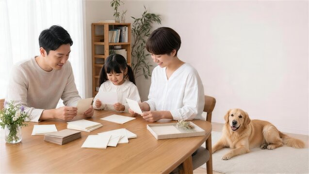ハロウィンの招待状を準備する家族と犬