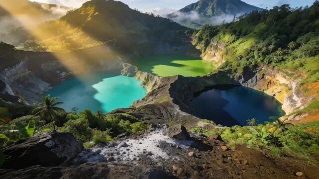 Breathtaking View of Kelimutu Tri Colored Crater Lakes at Sunrise
