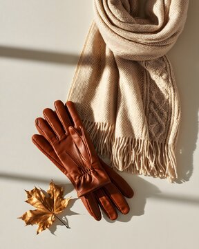 Braune Lederhandschuhe und beiger Wollschal im warmen Herbstlicht
