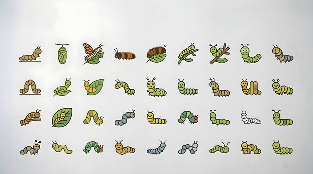 Cute colorful caterpillar and butterfly larva collection on white background
