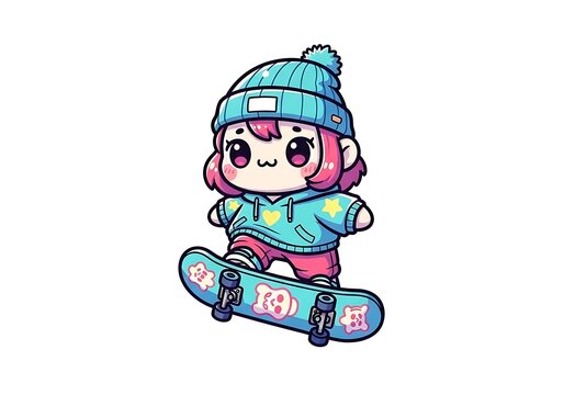 Cute cartoon girl skateboarding with colorful gear