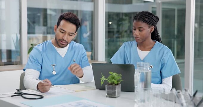 Nurses, laptop or clinic meeting with medical records, care coordination or EHR for discharge plan. Health team, people or discussion with tech in office for file review, outpatient referral or admin