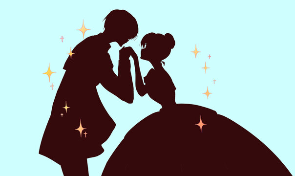 お姫様の手の甲にキスする王子様　マント　シルエット　キラキラ