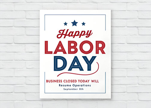 Happy labor day announcement sign with red and blue typography for business closure notice