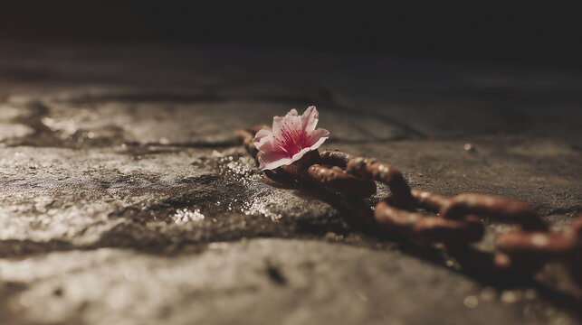 A delicate pink flower blooming near rusty metal chains on textured stone, symbolizing hope, growth, and gentle strength overcoming rigid barriers, conceptual photography.