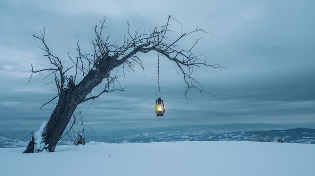 A vintage lantern glowing warmly from a twisted, leafless tree in a snowy, desolate winter landscape, symbolizing hope, guidance, and warmth in dark, lonely times.