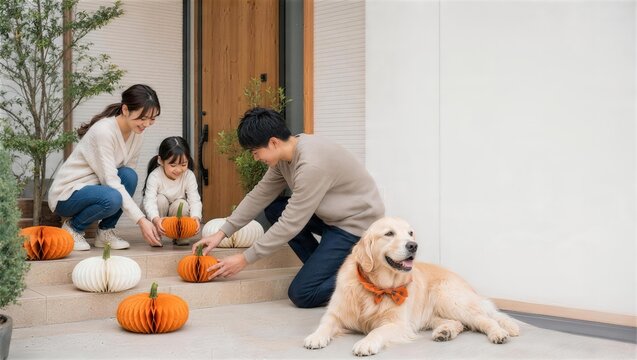玄関でかぼちゃ飾りを整える親子と犬