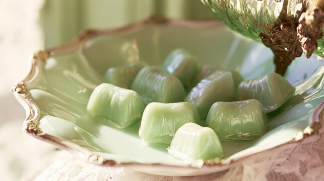 Smooth mint green candies filling an antique jadeite bowl, showcasing delicate details and a pastel aesthetic
