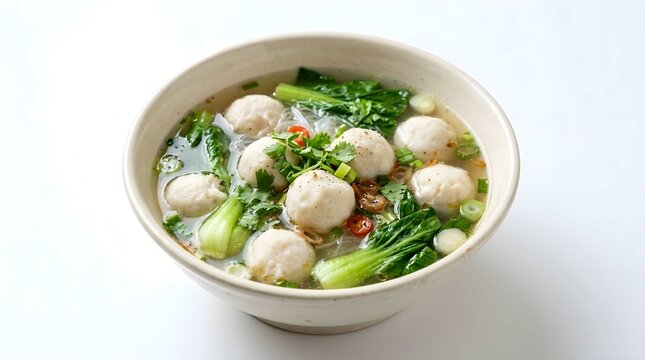 Fish ball noodle soup with bok choy in a ceramic bowl