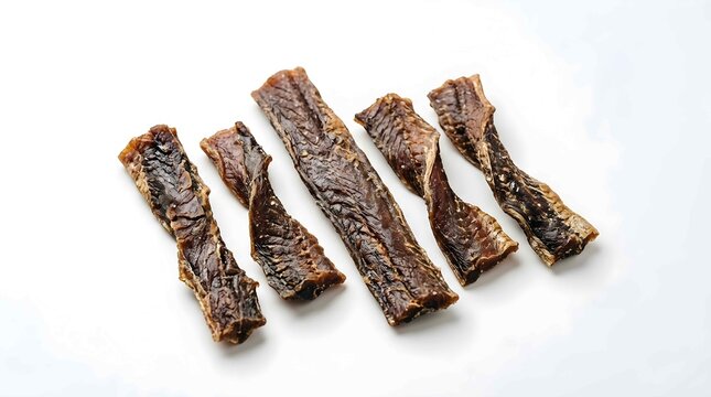 Five strips of dried beef jerky arranged in a row on white background