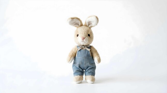 Fluffy brown stuffed bunny toy wearing blue overalls on white background