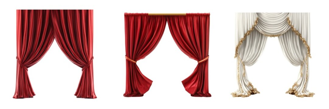 Red luxury theater stage curtains set isolated on transparent background