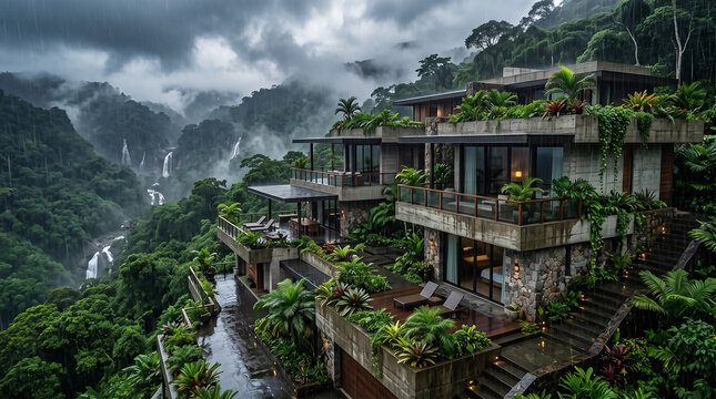 Terraced modern luxury villa on a steep tropical mountain in the pouring rain
