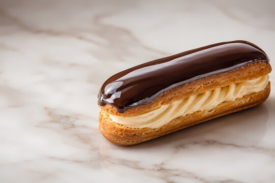 Decadent Chocolate Eclair: A perfectly crafted chocolate eclair filled with rich cream and topped with glossy chocolate glaze, resting on a marble surface, inviting indulgence.