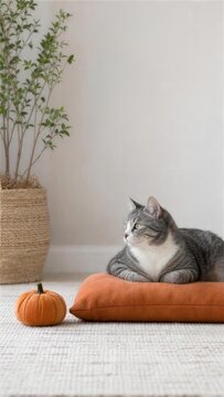 オレンジクッションとハロウィンかぼちゃのそばの猫