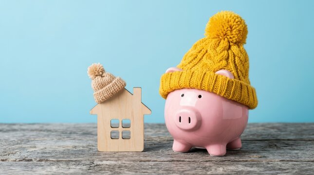 Piggy bank and wooden house model wearing warm knitted hats