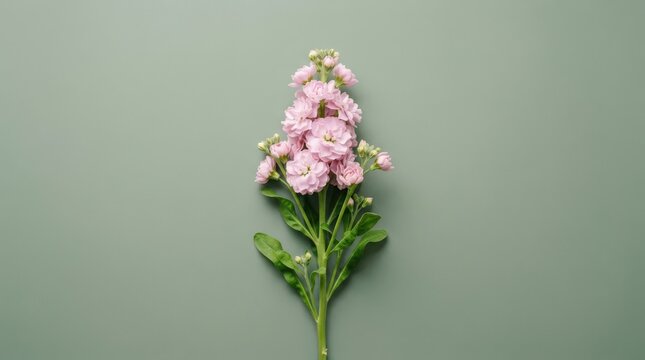Single stem of delicate pink matthiola incana flowers with green leaves isolated on a solid sage green background